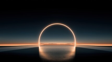 Mystical glowing golden ring over a reflective sea at night for a futuristic portal concept.