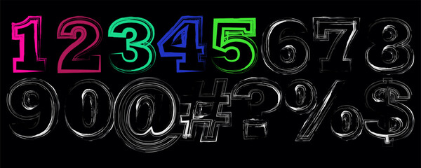 Colorful grunge numbers and symbols on a black background vector illustration