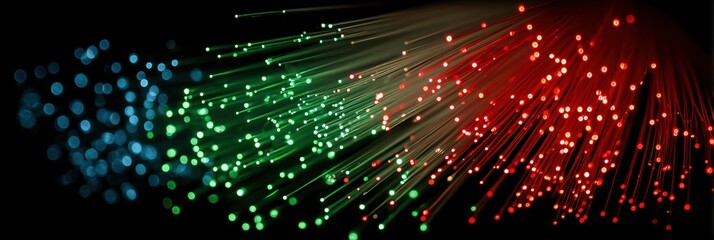 Colorful fiber optic cables representing a high-speed data stream for technology concepts.