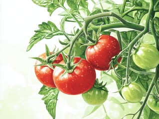 Tomato plant with ripe red tomatoes hanging among green tomatoes during daylight, illustration