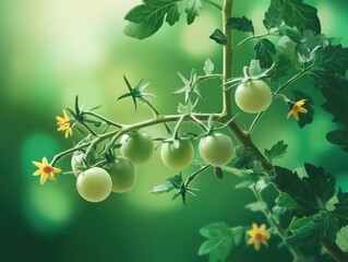 Green tomatoes grow with small yellow flowers under soft natural light in a garden setting