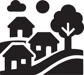 Charming village scene with solid color buildings and greenery