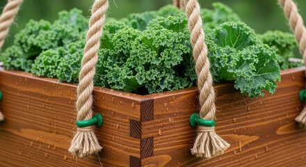 Fresh green kale growing in wooden planter box with rope hanging