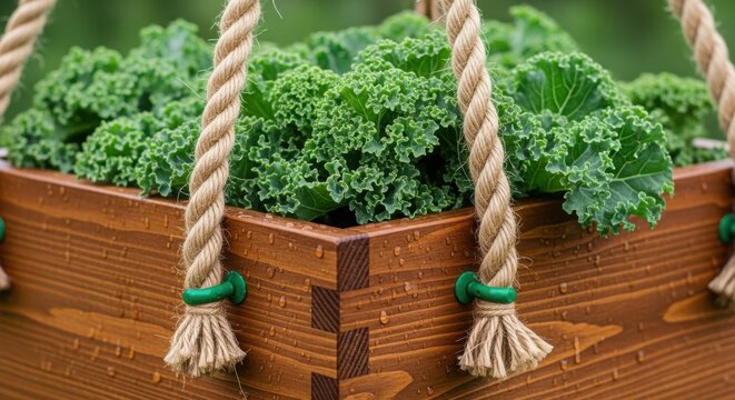 Fresh green kale growing in wooden planter box with rope hanging - Powered by Adobe