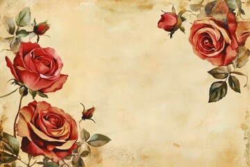Roses arranged in corners with blank space in the middle for text or decoration in warm tones on soft background, vintage card format no text