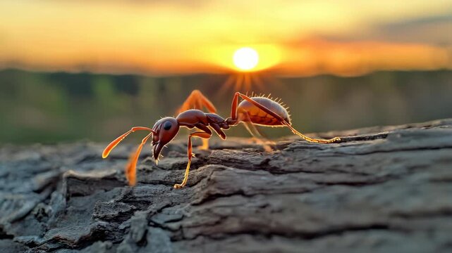 Close-up of an ant standing on a log with the sun setting in the background.