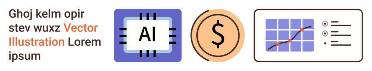 Artificial intelligence, financial economy, data analytics, technology development, market trends, investment strategies. Visual of AI chip, dollar symbol and analytics graph. AI and financial