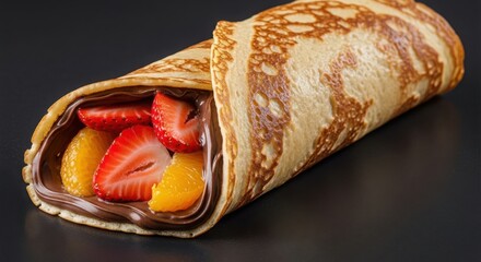 Delicious fruit crepe rolled up with chocolate filling close up