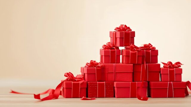 Hand Placing a Small Red Gift Box on Top of a Festive Pyramid of Presents