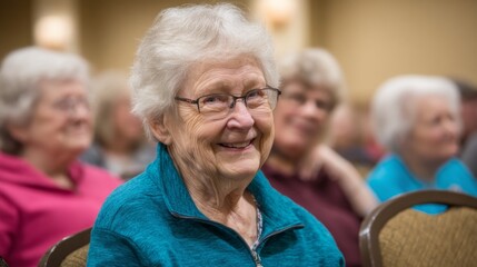 Smiling seniors relax in a welcoming venue, sharing laughter and stories during a vibrant community event. Their friendly expressions reflect happiness and camaraderie in a social atmosphere