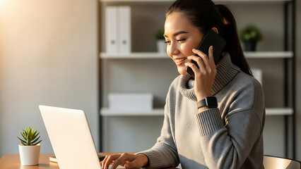 Smiling young professional woman adeptly managing a phone call and laptop work simultaneously, showcasing modern multitasking efficiency in a comfortable office setting