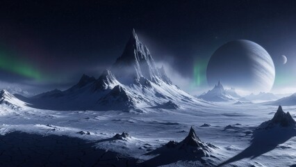 Alien planet landscape with icy mountains aurora borealis and a large moon in the night sky