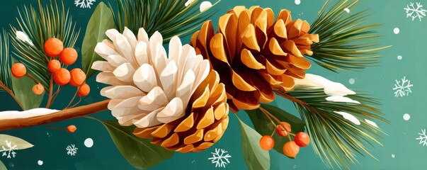 Close-up of two pine cones hanging from an evergreen branch with red berries and snowflakes