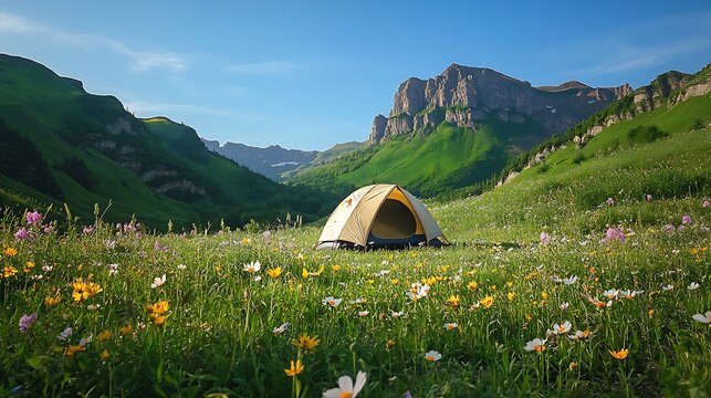 Camping in stunning alpine meadow with wildflowers and majestic mountain views, perfect for outdoor adventures and travel inspiration - Powered by Adobe