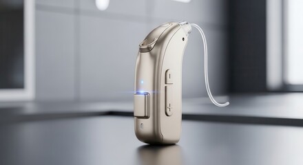 Modern behind the ear hearing aid rests on a reflective surface in a minimalist setting