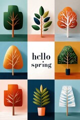 Hello Spring: a colorful grid collage of stylized trees and central greeting