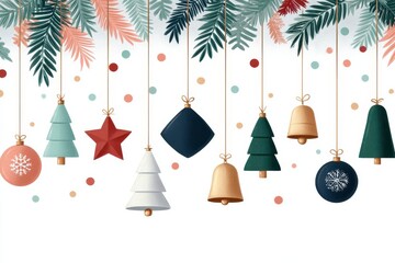 Hanging Christmas ornaments and bells among pine branches and festive confetti