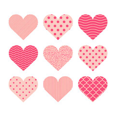 Collection of Decorative Pink Hearts with Various Patterns Isolated on White Background for Valentines Day and Celebrations