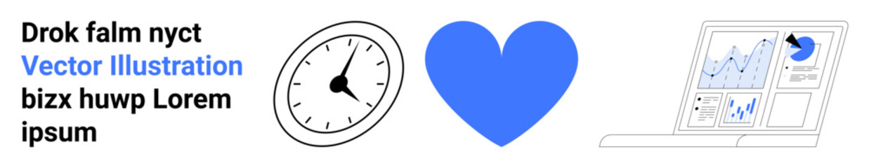 Business management, time tracking, data analytics, productivity, organization, digital tools. Heart, clock and laptop with charts. Time tracking and data analytics visualization