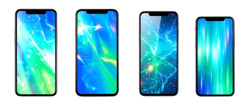 Various colorful smartphone screens showcasing vibrant abstract designs with bright hues and patterns