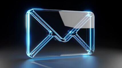 Dynamic glowing glass envelope icon rotating over dark futuristic digital background - Powered by Adobe