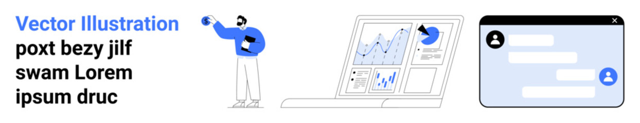 Fototapeta premium Data visualization, business analytics, digital communication, teamwork, technology, remote work. A person pointing to graphs, laptop with charts and messaging interface. Data visualization