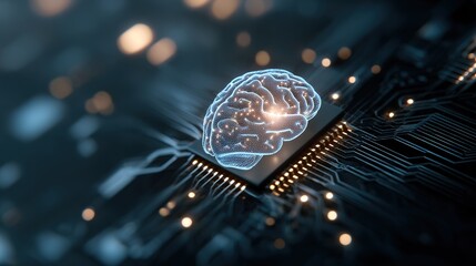 Brain Circuitry: A digital render showcases a luminous, translucent brain at the heart of an intricate circuit board, symbolizing the convergence of intelligence and technology.