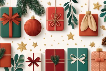 Christmas gifts and decorations arranged on a white background with festive greenery and gold stars