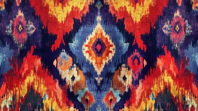 A colorful abstract tapestry with a symmetrical design, featuring vibrant reds, blues, and yellows on a neutral background. Perfect for interior decor.