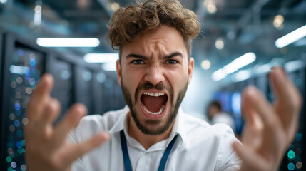 Anonymous data center engineer displaying frustration after infrastructure malfunction, defocused IT expert reacting to unstable server farm performance, technical emergency respon