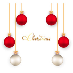 Minimal Red and Gold Hanging Christmas Baubles on White Background