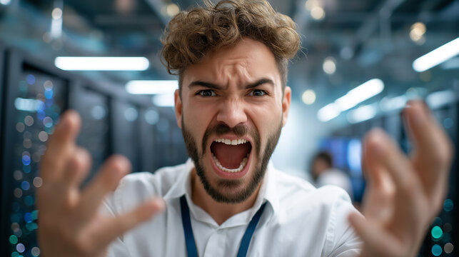 Anonymous data center engineer displaying frustration after infrastructure malfunction, defocused IT expert reacting to unstable server farm performance, technical emergency respon