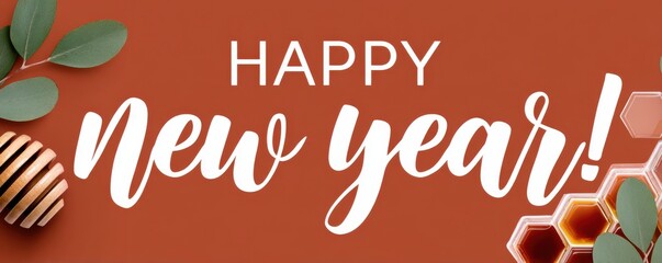 Happy New Year celebration on orange background with white cursive greeting and honey decor design