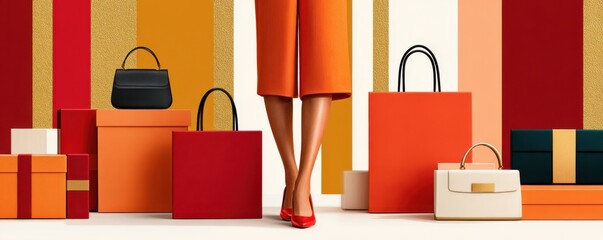 Stylish shopping scene with legs in orange skirt and red heels among colorful gift boxes and handbags