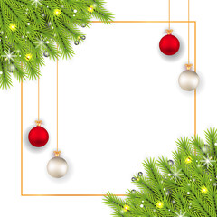 Christmas Frame Border with Green Garland and Hanging Ornaments