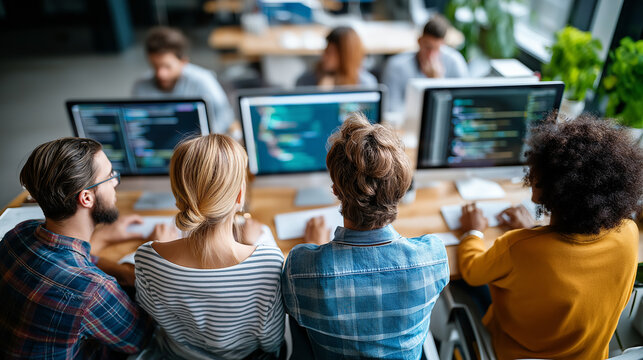 Diverse multicultural programming collective working on workstations sitting together in unified department, researching and providing technical support online, team collaboration,