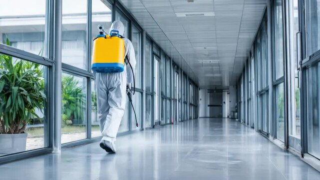 Professional pest exterminator disinfecting and sealing entry points in a hospital to maintain sterile and pestfree conditions.