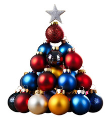 Festive Christmas ornaments stacked as a tree. Transparent background