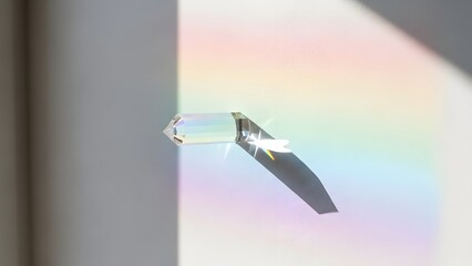 Prismatic crystal casting vibrant rainbow light and shadow on a wall, creating a mesmerizing visual effect,A glass prism refracts light, projecting a spectrum of colors onto a neutral surface
