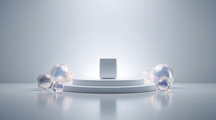 A clear crystal ball and sphere in a transparent glass of water on a table show a blue light reflection