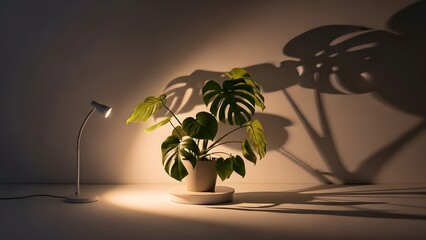 Monstera plant casting a shadow, illuminated by a lamp, Room bathed in warm light with a monstera plant in the spotlight