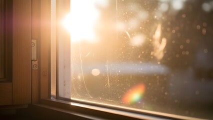 The Sun Shining Through a Window with Dust, Golden Light Illuminating a Window, Revealing Dust Particles and a Prism of Colors