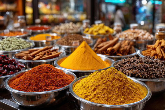 Bowls of Colorful Spices at a Market Stall