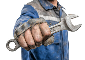 Mechanic holding a wrench in dirty glove isolated on a transparent background