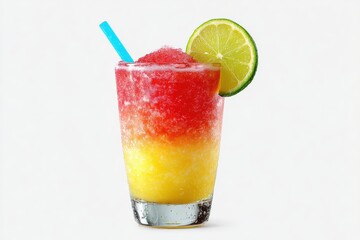 Tropical Paradise in a Glass: A vibrant frozen cocktail showcases a layered fusion of tropical flavors, adorned with a fresh lime wedge and a bright blue straw. It is a refreshing treat.