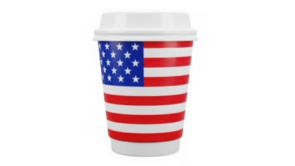Disposable coffee cup with american flag design and white lid