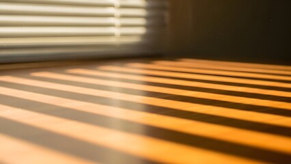 Sunlight Through Blinds Creates a Patterned Light, Wood Floor Illuminated by Sunlight Filtering Through Window Blinds