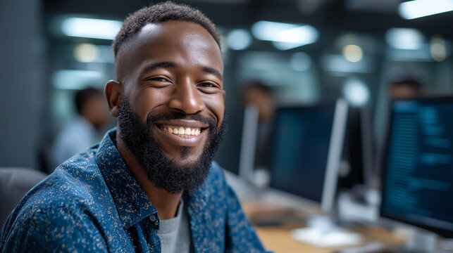 Portrait of smiling faceless software developer looking toward camera while sitting at desk with multiple computers, positive tech professional, confident developer moment, happy w