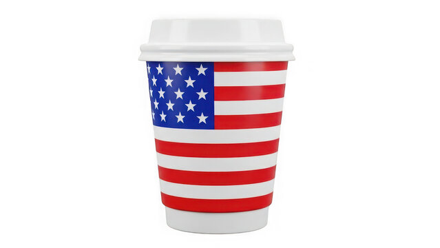 Disposable coffee cup with american flag design and white lid