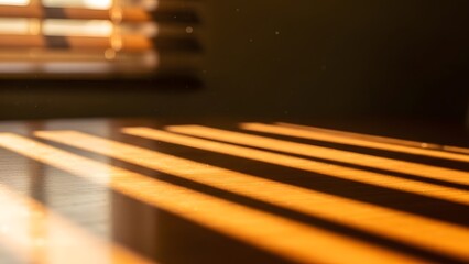 Warm Sunlight Through Blinds Creating Stripes on Wooden Surface, Abstract Warm Light Lines on Wood